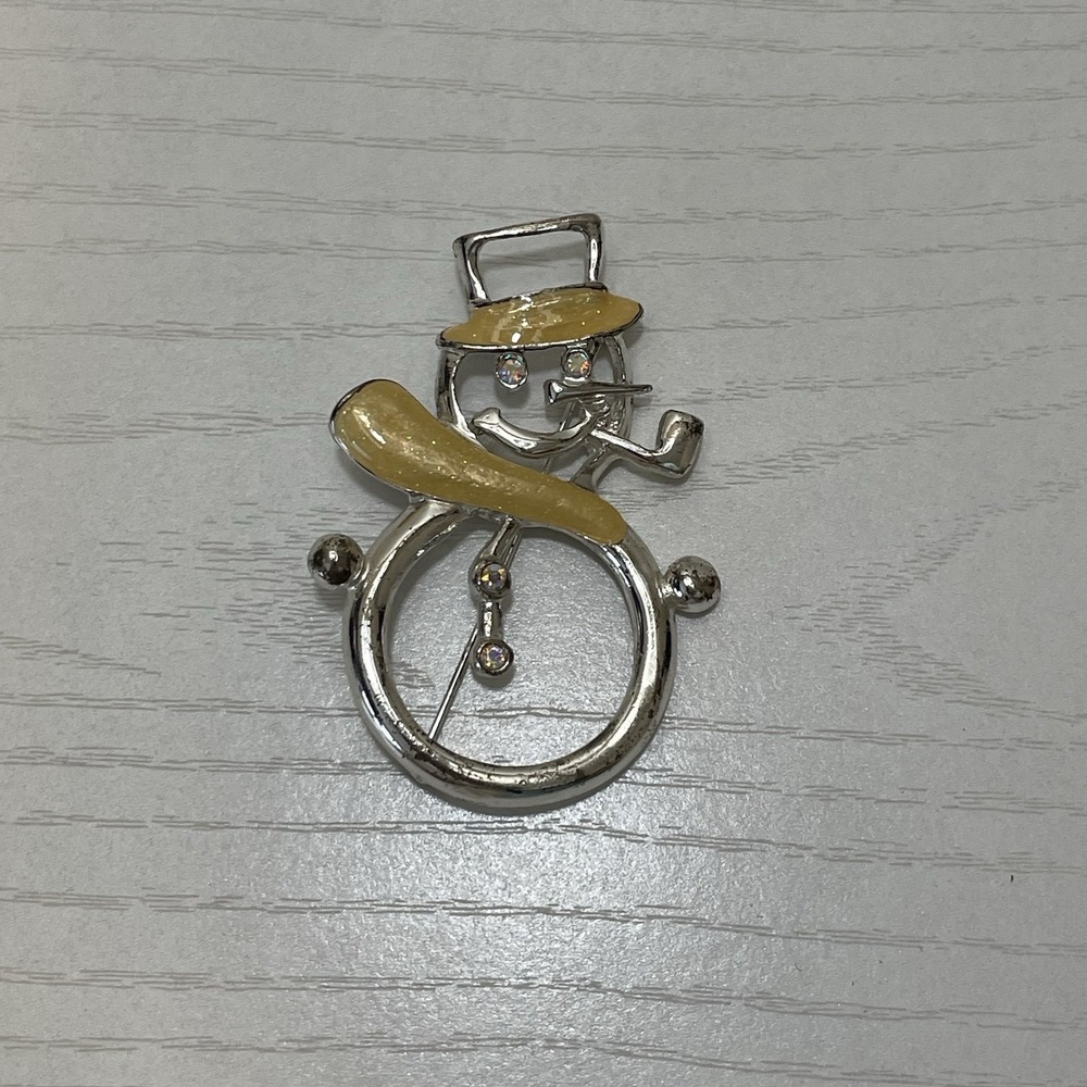 AB Rhinestone Cream Enamel Open Work Christmas Snowman Brooch Pin Vintage